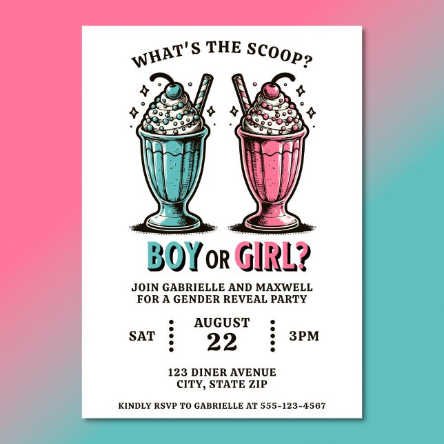 Geschlecht offenbart Eiscreme Milchshakes Rosa und Einladung (Gender reveal party invitations with 1950s inspired ice cream milkshakes)