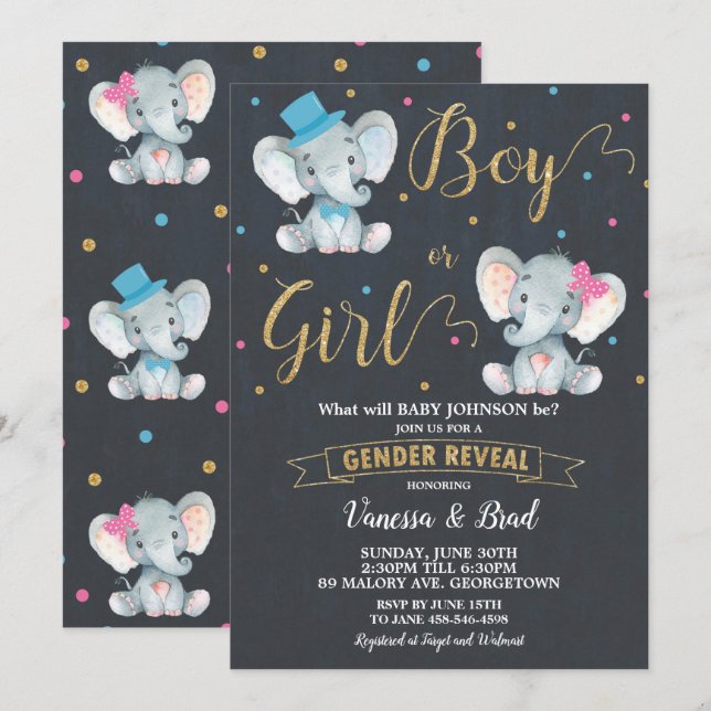 Geschlecht offenbart Elephant Baby Gender Reveal P Einladung (Vorne/Hinten)