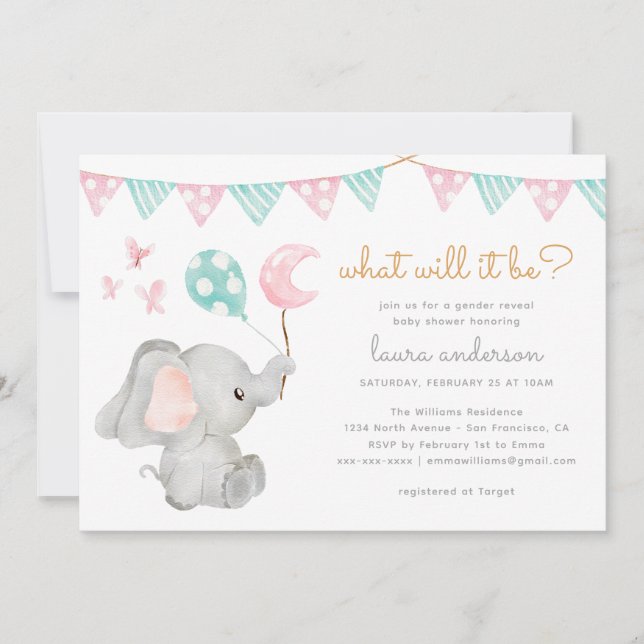 Geschlecht offenbart Elephant Baby Shower Einladung (Vorderseite)