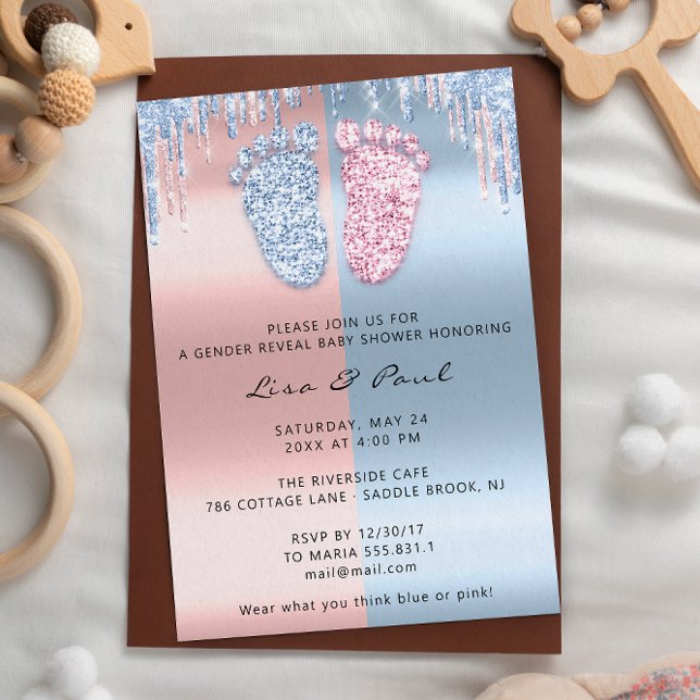 Geschlecht offenbart Fütterung Glitzer Pink Blue B Einladung (Gender Reveal Feet Glitter Pink Blue Baby Boy Girl Invitation)