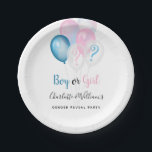 Geschlecht offenbart Party Junge Mädchen blau pink Pappteller<br><div class="desc">Für ein Geschlecht offenbaren Party. Ein schick weißer Hintergrund. Glitzer und Blau,  rosa und weiße Ballons. Personalisieren Sie die Namen der Eltern und fügen Sie sie hinzu. Die Namen und der Text: Junge oder Mädchen werden mit einem handgeschriebenen Stift geschrieben</div>