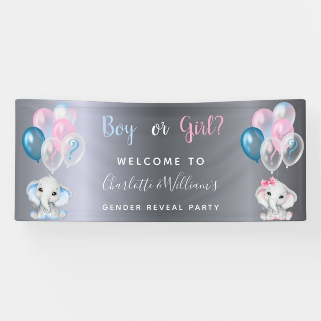 Geschlecht offenbart Party Silber-Baby-Elefanten Banner (Horizontal)