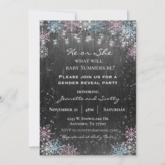 Geschlecht offenbart Party Winter Snowflake Wood L Einladung (Vorderseite)