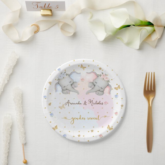 Geschlecht offenbart rosa blaue Flora Elefant Pappteller (Hochzeit)