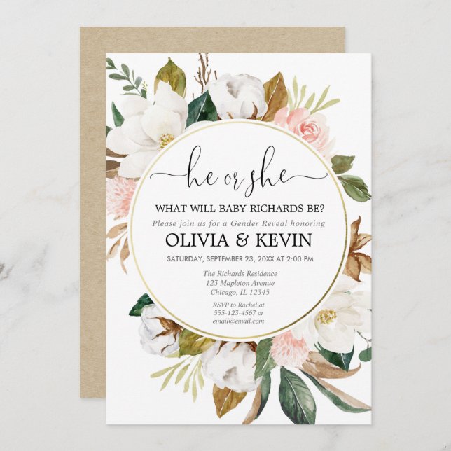 Geschlecht offenbart rosa, weiße, blühende, rustik einladung (Vorne/Hinten)