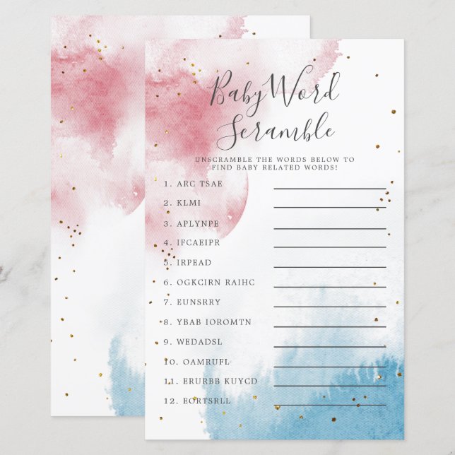 Geschlecht offenbart Watercolor Baby Word Scramble (Vorne/Hinten)