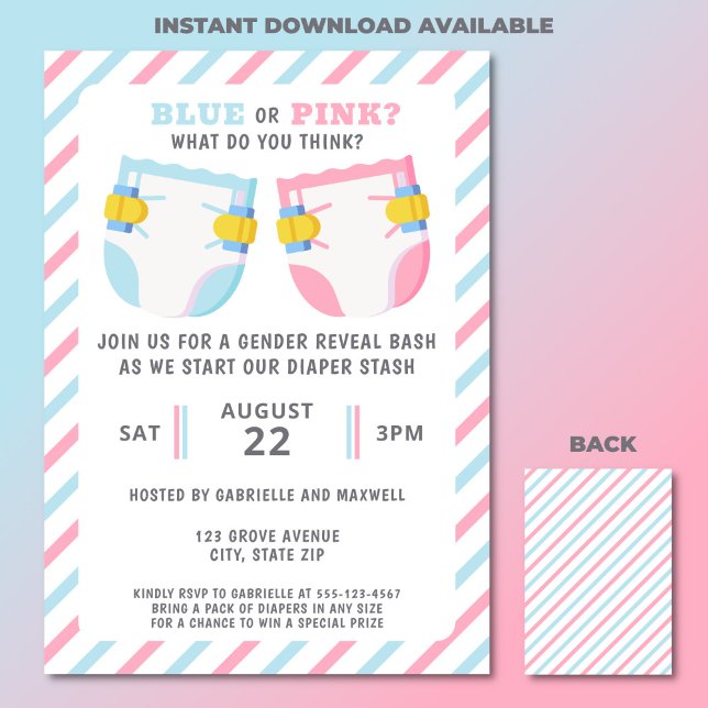 Geschlecht offenbart Windeln Stash Party blau oder Einladung (Gender reveal diaper stash party invitation)