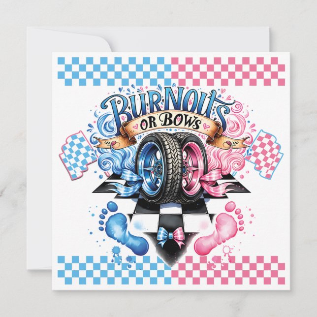 Geschlecht: Rosa und blaue Bögen und Reifen Einladung (Vorderseite)