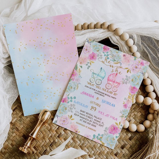 Geschlecht zeigt rosa blaue Roller Babydusche Einladung (Von Creator hochgeladen)