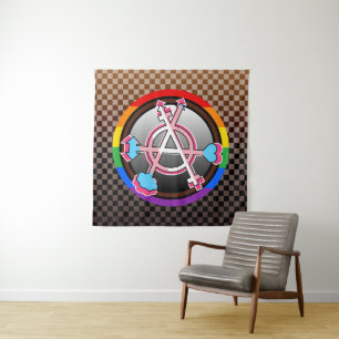 Geschlechter-Anarchie-Symbol, Emblem auf dunklem S Wandteppich