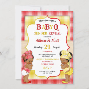 Geschlechtsenthüllung Baby Q BBQ Rot Gelb Gingham Einladung