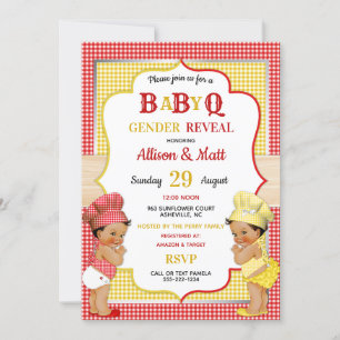 Geschlechtsenthüllung Baby Q BBQ Rot Gelb Gingham Einladung