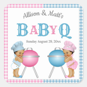 Geschlechtsenthüllung Rosa Blau Gingham BabyQ BBQ Quadratischer Aufkleber