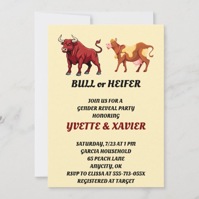 Geschlechtsenthüllungseinladung für Stier oder Fär (Vorderseite)