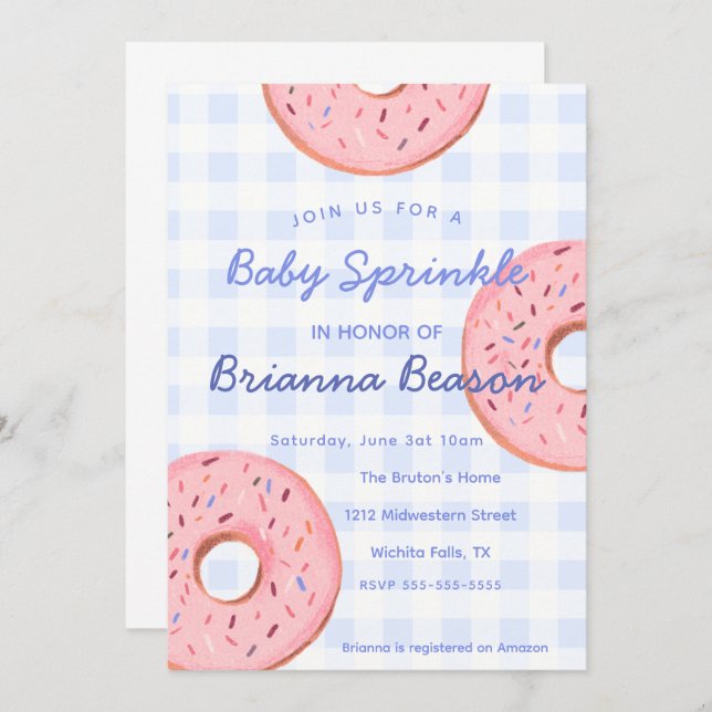 Geschlechtsneutral, Gingham & Donuts Baby Sprinkle Einladung (Vorne/Hinten)