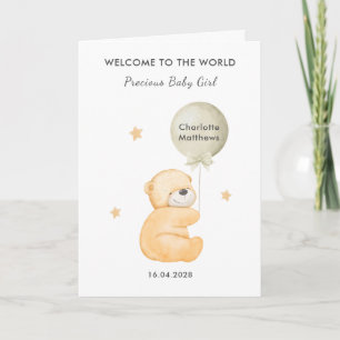 Geschlechtsneutrale Ballon-Bär-Willkommens-Babykar Karte