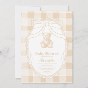 Geschlechtsneutrale Gingham-Teddybär-Babyparty Einladung