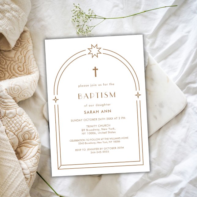 Geschlechtsneutrale Minimalistische Boho Arch Cros Einladung (Gender Neutral Minimalist Boho Arch Cross Baptism Invitation)