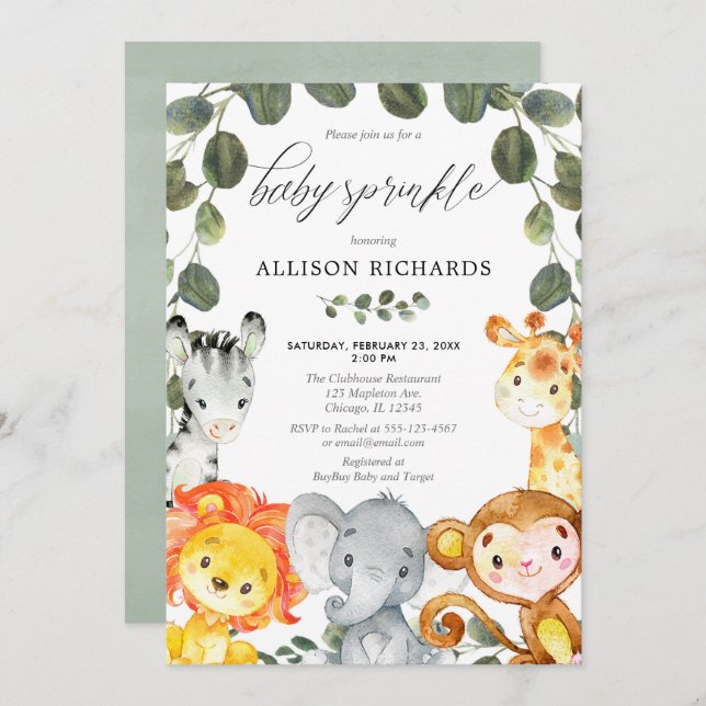 Geschlechtsneutrale niedliche Tiere-Grünpflanzen Einladung (Vorne/Hinten)