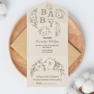 Geschlechtsneutrale Vintage-Blumen-Babyparty All In One Einladung