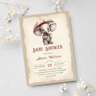 Geschlechtsneutrale Vintage-Elefanten-Baby-Party Einladung