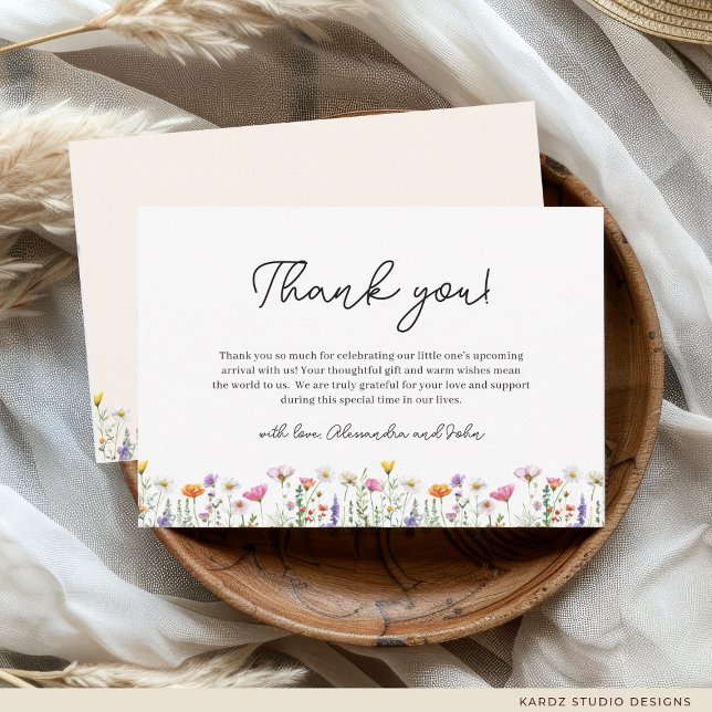 Geschlechtsneutrale Wildblume Boho Baby Shower Mitteilungskarte (Thank-you card shown in 3.5 x 5 inches. Personalize and choose size, paper, and corner style.)