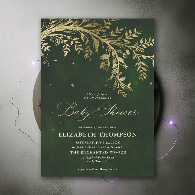 Geschlossene waldkaskadierende Foliage Babydusche Einladung (Enchanted Forest Hunter Green Greenery Modern Calligraphy Neutral Baby Shower Invitation)