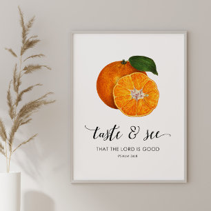 Geschmack und sieh Vintage-Orangen Bibel-Kunst-Dru Poster