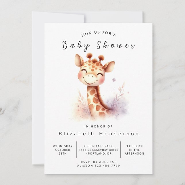 Geschmackvolle Editable Giraffe Babydusche Einladung (Vorderseite)