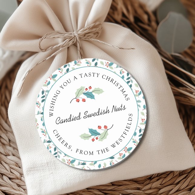 Geschmackvolle Weihnachtsgeschenkkarte Runder Aufkleber (Wishing You a Tasty Christmas Holly and Red Berries Round Food Gift Label)