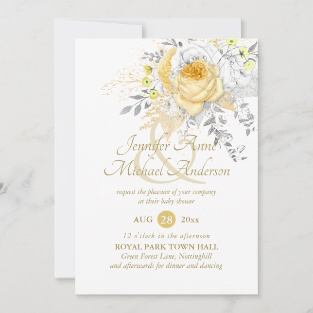 Geschmackvolle White Gold Rose Bouquet Babydusche (Vorderseite)