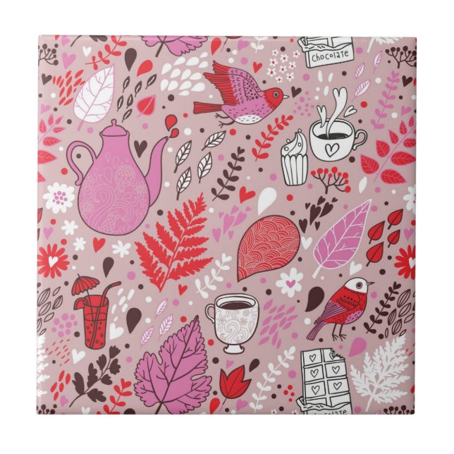 Geschmackvolles Muster mit Vögeln und Blumen Fliese (Vorderseite)