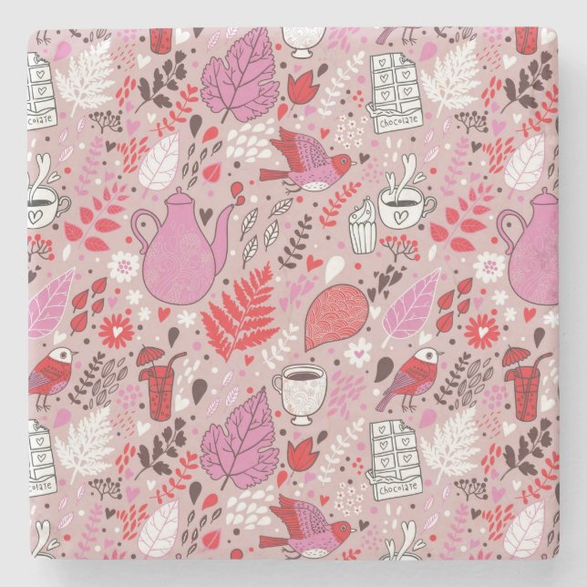 Geschmackvolles Muster mit Vögeln und Blumen Steinuntersetzer (Vorderseite)