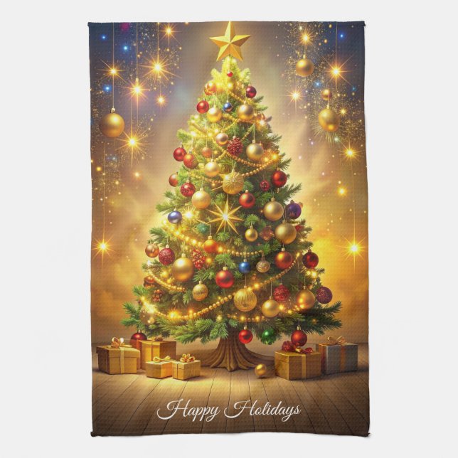 Geschmückte Weihnachtsbaumküche Geschirrtuch (Vertikal)