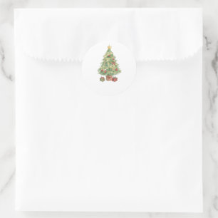 Geschmückter Weihnachtsbaum mit Geschenken für das Runder Aufkleber