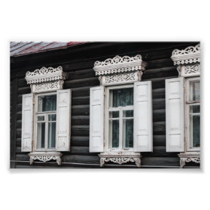 Geschnitzte Fensterrahmen Alte Blockhütte Architek Fotodruck