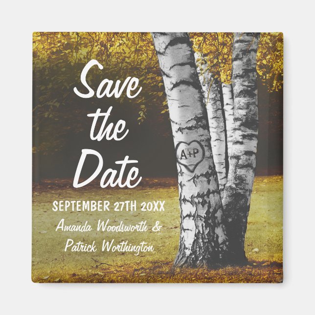 Geschnitzte Herbst-Birke Hochzeit - Save-the-Date Magnet (Vorne)