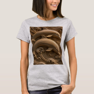 Geschnitzte hölzerne Delfine Ozeanwellen Grafik T-Shirt