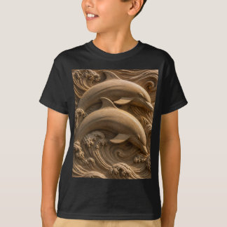 Geschnitzte hölzerne Delfine Ozeanwellen Grafik T-Shirt