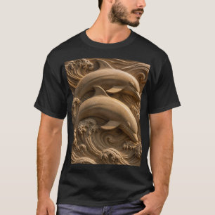 Geschnitzte hölzerne Delfine Ozeanwellen Grafik T-Shirt