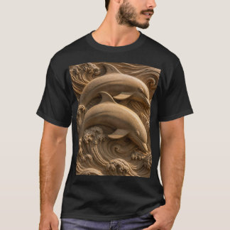 Geschnitzte hölzerne Delfine Ozeanwellen Grafik T-Shirt