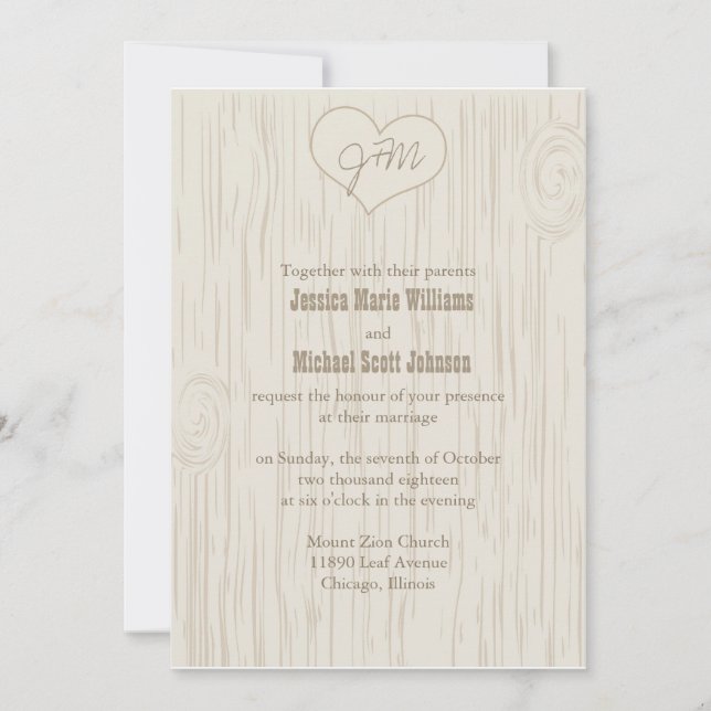 Geschnitzte hölzerne Hochzeit Einladung (Vorderseite)
