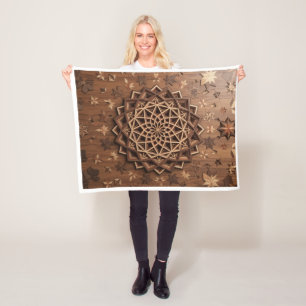 Geschnitzte hölzerne Mandala-Braun-Textur-Kunst-Fl Fleecedecke