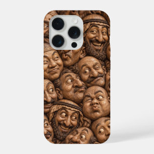 Geschnitzte Holzgesichter Vintage Boho Muster iPhone 15 Pro Hülle