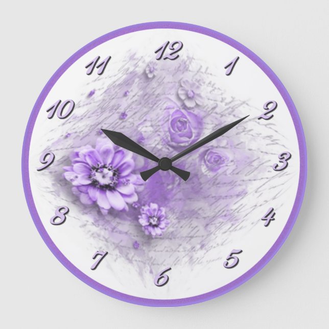 Geschrieben in Blumenlavendel-Wanduhr Große Wanduhr (Vorderseite)