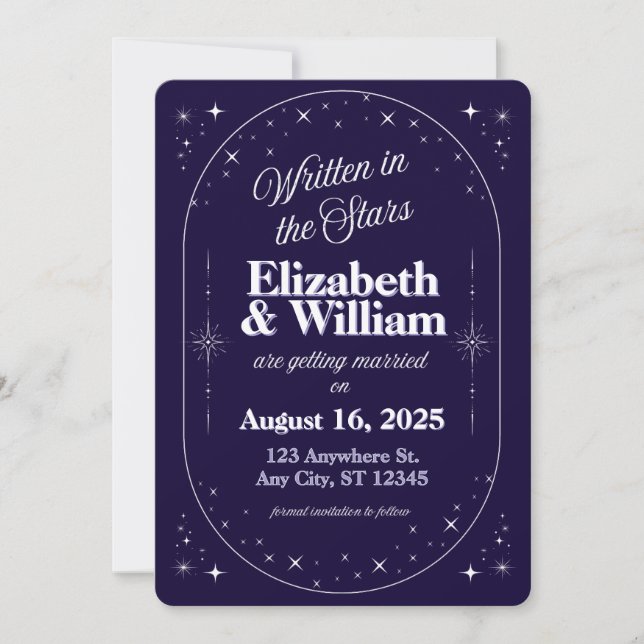 "Geschrieben in den Sternen" Celestial Whimsical Save The Date (Vorderseite)