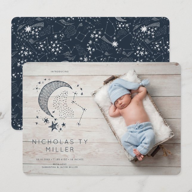 Geschrieben in der Sternkonstellation Geburtsankün Einladung (Vorne/Hinten)