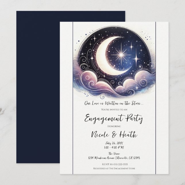 Geschrieben in Stars Watercolor Moon Engagement Pa Einladung (Vorne/Hinten)