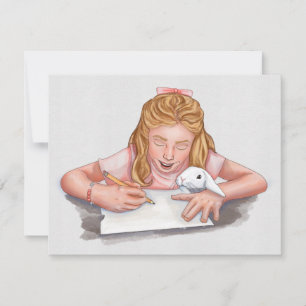 Geschriebene Mädchen mit Hauskaninchen, die Papier