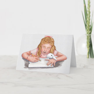 Geschriebene Mädchen mit Hauskaninchen, die Papier Dankeskarte